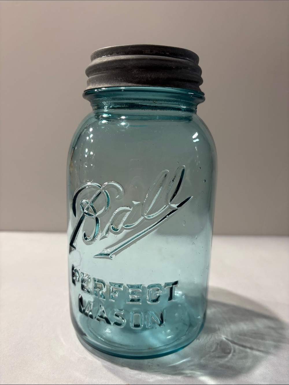 Antique Ball Perfect Mason Aqua blue Glass Jar with Zinc Metal Lid 1 quart #9